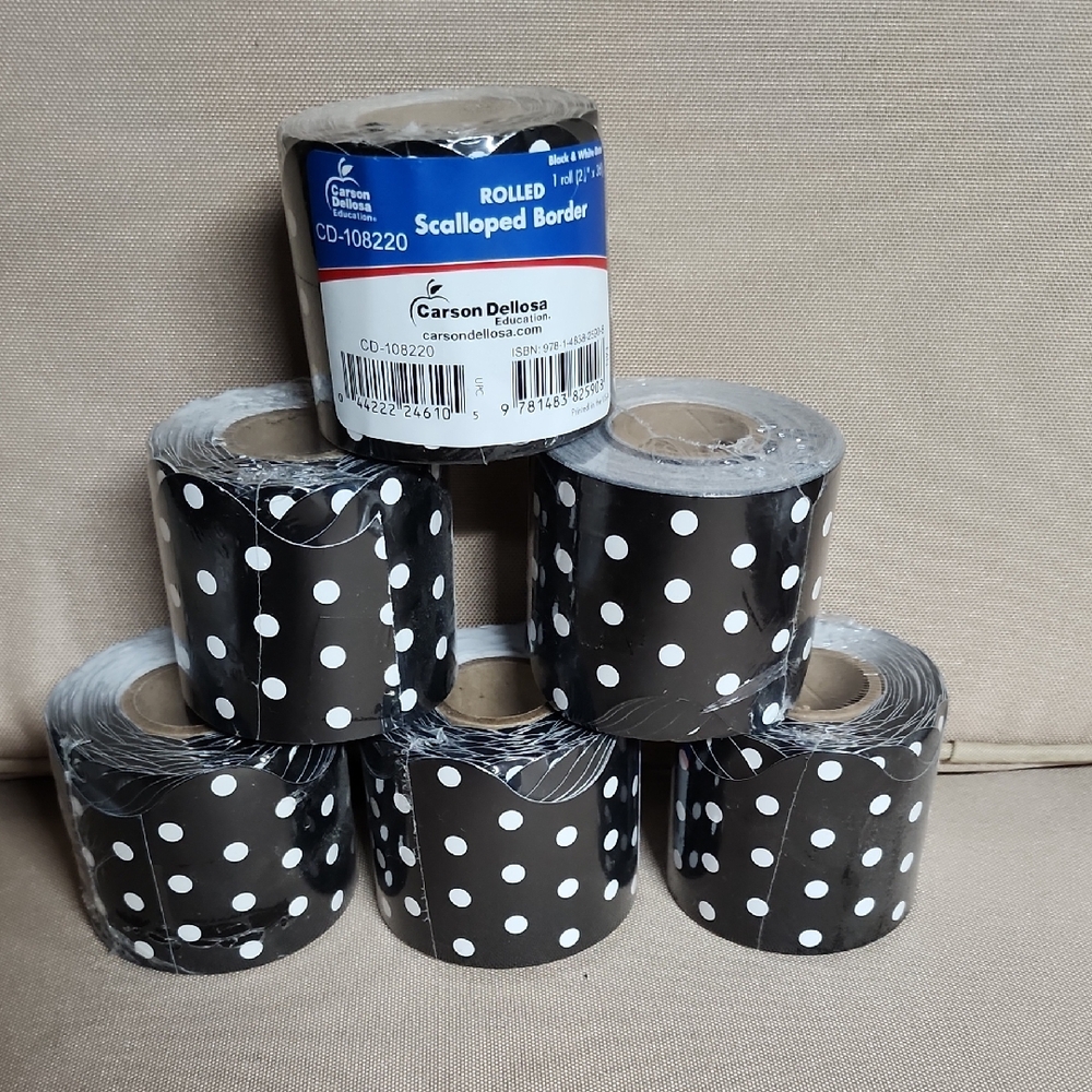 Carson Dellosa Black and White Polka Dot Scalloped Border. 6 Rolls New, Sealed